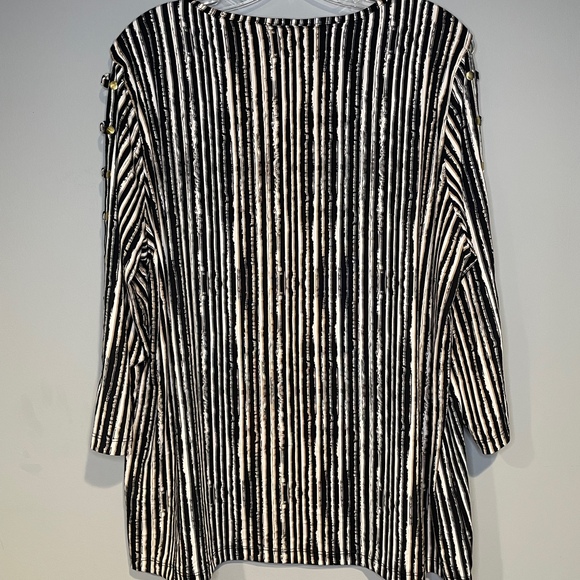 Robert Louis Tunic Slit Arms Size L Top Gold Accents Easy Care Black Brown - Picture 2 of 7